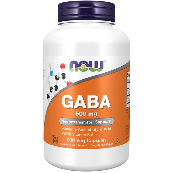 NOW Supplements, GABA (Gamma-Aminobutyric Acid) 500 mg + B-6, Natural Neurotransmitter*, 200 Veg Capsules