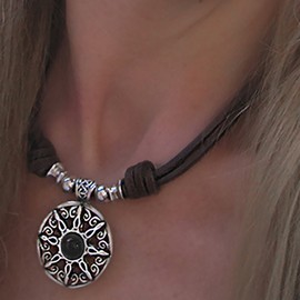 Beau Soleil Jewelry Leather Necklace with Onyx Sun Pendant. Necklace Chain Length Can Be Adjusted with Gemstone Jewellery, Silver Plated, Brown