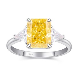 BAGUTTA PAVONE 4CT Radiant Cut Yellow CZ Engagement Rings for Women, Women's 925 Sterling Silver 3-Stone Engagement Promise Ring for Her with 18K White Gold Plated Size 5