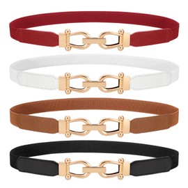 LEACOOLKEY Slim Belt Women's Thin Waist Belt Stretch Belt Women's Elastic Belt for Dress Gold Buckle, F-Black+Brown+White+Red