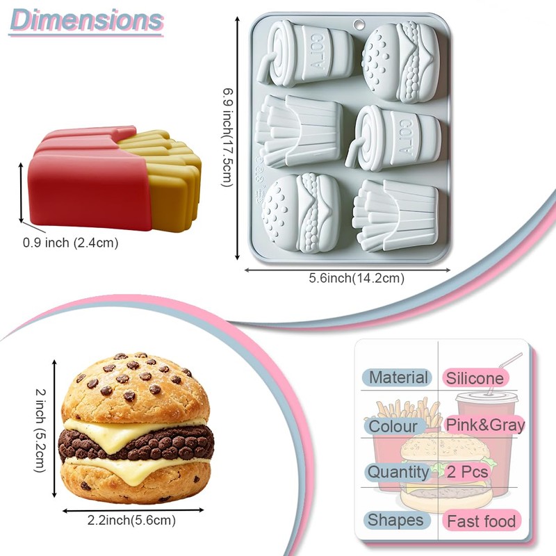 2 Pack Silicone Mold Fast Food Set (Burger, Fries, Cola)