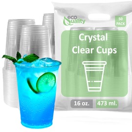 Clear Plastic Disposable Pet Cups | 16 oz Cups, 50 Pack | Crystal Clear PET Cup | Cold Smoothie | Iced Coffee Go Cups | Ideal for Coffee, Parfait, Juice, Soda, Cocktail, Party Cups (16oz, 50 count)