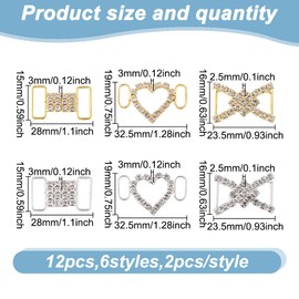 HOBBIESAY Pack of 12 3 Styles Brass Shoelaces Pendant for Trainers Golden and Silver Shoelaces Clips with Crystal Rhinestones Decorative Shoe Buckles for Women Casual Shoe Accessories, Brass,