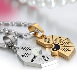 JewelryWe MatchingYin Yang BA GUA Eight Trigrams Stainless Steel Lucky Charm Pendant Necklace Set for Couple, Silver Gold