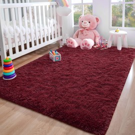 Foxmas Soft Fluffy Area Rugs for Bedroom, Burgundy Red Plush Shaggy Kids Room Nursery Rug, Non-Slip Throw Carpets for Boys Girls, College Dorm Living Room Home Decorate Rug, 3 x 5 Feet