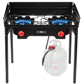 Hike Crew Cast Iron Double-Burner Outdoor Gas Stove | 150,000 BTU Portable Propane-Powered Cooktop with Removable Legs, Temperature Control Knobs, Wind Panels, Hose, Regulator & Storage Carry Case