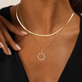 MFRYK Gold Necklaces Stack For Women,14K Gold Plated Simple Layered Choker Necklaces For Women,Stackable Multilayer Gold CZ Sun Circle Pendant Herringbone Snake Chain Layering Necklaces Set For Women Jewelry Gift for Women