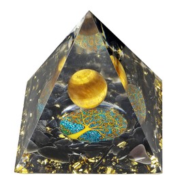 KYEYGWO Positive Energy Pyramid Stone with Reiki Healing Tiger's Eye Crystal Ball and Tree of Life, Chakra Crystal Pyramid Obsidian Healing Stone Pyramid Desktop Ornament Home Decoration