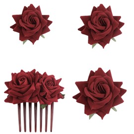 SUNTRADE 4 Pieces Women Rose Hairpin, Bridal Rose Brooch Hair Clip Wedding Floral Clips for Woman Girl Party Wedding (Wine Red)