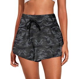 Aleumdr Womens Swim Short High Waisted Board Short Tummy Control Beach Shorts Flowy Skirt Shorts Swim Bottoms with Liner Printed Black Medium