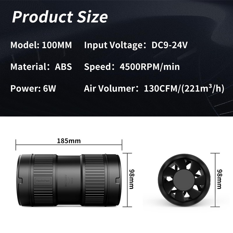 4 Inch Inline Duct Fan 130CFM Airflow with Stepless Speed