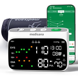 Medisana Cordless Arm Blood Pressure Monitor, Bluetooth Smart Blood Pressure Monitors for Home Use with App Tracking, Blood Pressure Machine with LED Color Dual-Display, Extra-Large Adult Cuff