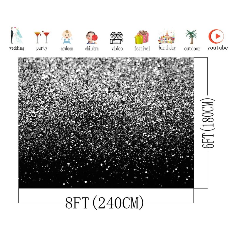 AIIKES 8x6FT Black and Silver Backdrop Silver Flash Backdrop Birthday