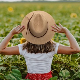 DRESHOW Women Straw Panama Hat Fedora Beach Sun Hat Wide Brim Roll up Hat UPF 50+