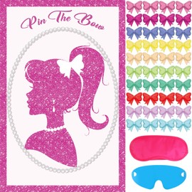 Hooqict Pink Birthday Party Decorations Girls Princess Party Games Pin The Bow on The Head Birthday Tea Party Favors Supplies, Large Pink Party Pin the Game Poster with 40 Bow Stickers