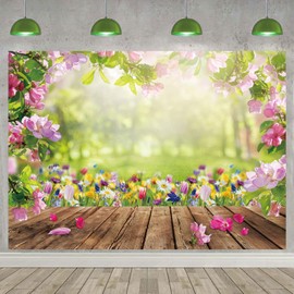 Spring Photography Backdrop Spring Easter Wood Floor Flowers Natural Scenery Backdrop Kids Birthday Baby Shower Wedding Party Decoration Background (7x5FT: 84x60 inch)