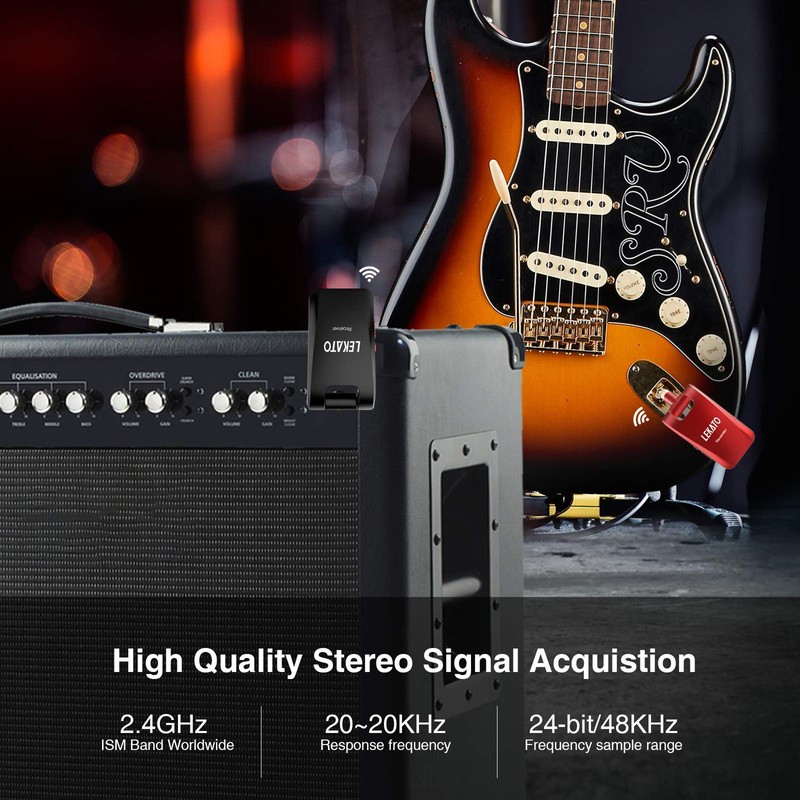 LEKATO 2.4GHz Wireless Guitar System - 6 Channels Rechargeable Wireless