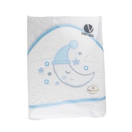 various 100% Cotton Baby Hooded Towelling Towel, 100% Cotton, 100 cm x 100 cm, Hooded Bath Towel, Toddler, Soft and Absorbent, Moon Design, White/Blue