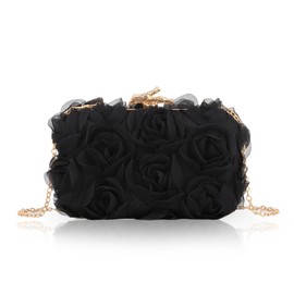 Jywmsc Women Clutches Purse Formal Lace Flower Evening Handbag Chain Strap Shoulder Bag, black, 当代