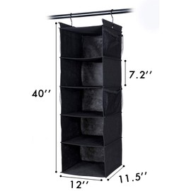 MAX Houser 5 Shelf Hanging Closet Organizer,Space Saver, Cloth Hanging Shelves with 4 Side Pockets,Foldable, Black