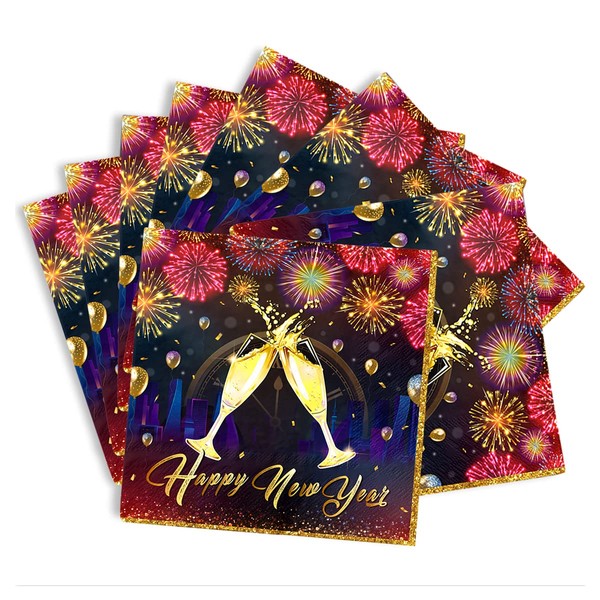 Paquete de 40 servilletas de papel, servilletas desechables de Año Nuevo con fuegos artificiales champaña para fiestas de Año Nuevo 2024