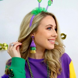 Me&Hz Mardi Gras Earrings for Women Dangling Purple Green Gold Tinsel Layered Tassel Large Bling Mardi Gras Dangle Earrings Carnival Party Mardi Gras Outfit Jewelry Gift
