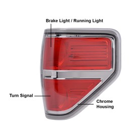 PIT66 Tail Lights, Compatible with 09-14 Ford F150 (Not Compatible on Flareside Models) 2 Door Regular Cab/4 Door Extra Cab/5 Door Crew Cab Chrome Trim Rear Tail Lamps Brake Lamps Right