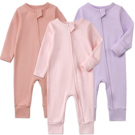 Aablexema 3-Pack Organic Cotton Baby Footless Pajamas with Mitten Cuffs, 2-Way Zipper Romper Sleepers(Pink Purple Set,3-6m)