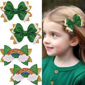 4 Pcs St. Patrick's Day Hair Clips Bow Hair Accessories Cute Rainbow Pattern Glitter Sparkly Hair Barrettes Holiday Headdress Hairpin for Girls Women Kids Party Cosplay Gift