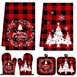 Jingmore 6 Pcs Holiday Kitchen Towels Oven Mitts and Pot Holders Sets Farmhouse Fall Christmas Theme Dish Towels Oven Mitts and Pot Holders for Cooking Baking Grilling(Christmas Tree Style)