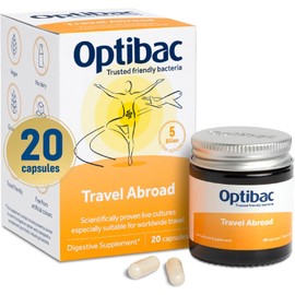 Optibac Travel Abroad Probiotics -Vegan Digestive Probiotic Supplement Formulated for Travel Support & Gut Health, 5 Billion Live Cultures - 20 Capsules