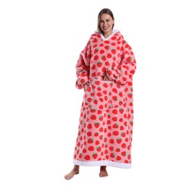 Yikayin Oversized Hoodie Blanket, Giant Blanket Hoodie Women Mens Adult Warm Cozy Soft Wearable Hoodies Blanket with Huge Pocket - Strawberry
