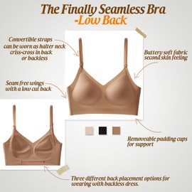 Low Back Bra for Women Wirefree Seamless Bra Backless Multiway Straps Convertible Halter Bra with Padded Removeable Tan