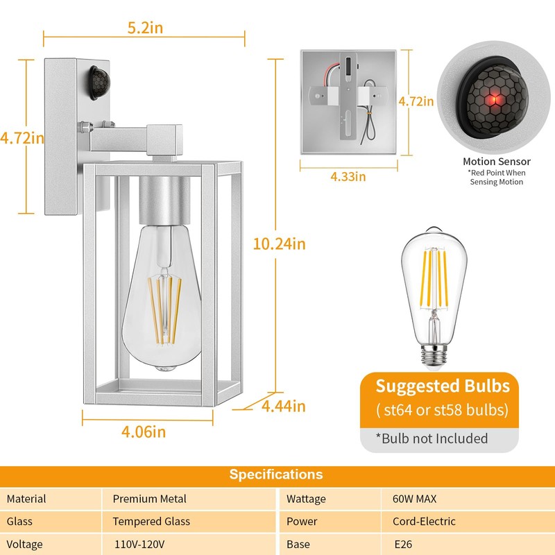 2 Pack Silver Motion Sensor Outdoor Light Fixtures Wall Mount,