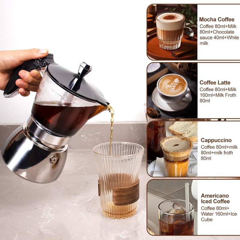 DITOSH 430 Stainless Steel Base Stovetop Espresso Maker Transparent Moka