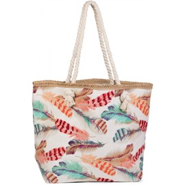 styleBREAKER beach bag with colourful feather print and zipper, sling bag, shopper, spa bag, ladies 02012059, color:Cream-Beige