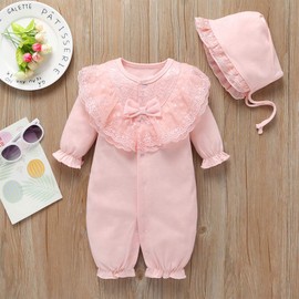 amropi Baby Girl Lace Collar Romper Long Sleeve Cotton Baby Clothes + Hat for 0-12 Months, pink