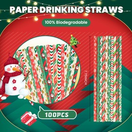 100PCS Christmas Paper Straws,10 Mixed Styles Red Green White Gold Christmas Party Drinking Straws,7.75 inch Biodegradable Christmas trees Snowflakes Santa Claus Elk Design Decorations Supplies
