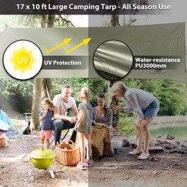 GEERTOP Large Camping Tent Tarp 17 x 10ft Portable Hammock Rain Fly Tarp with Poles Waterproof Backpacking Hammock Tarp for Outdoor Travelling