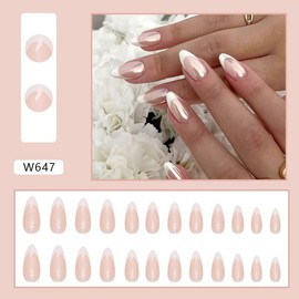 French Tip Press on Nails Almond Medium Fake Nails with Pearl White French Tip Glue on Nails Glossy Full Cover Stick on Nails Acrylic Artificial Nails for Women Manicure Decoration