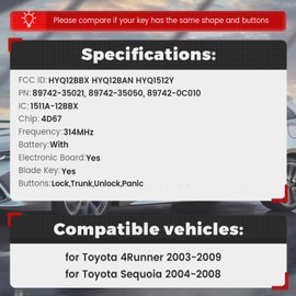 Beefunny Modified Remote Key Fob Replacement for Toyota 4Runner Sequoia 2003-2009 Upgraded Remote Control Car Key 4 Buttons FCC ID:HYQ12BBX 4D67 Chip 314MHz (1)