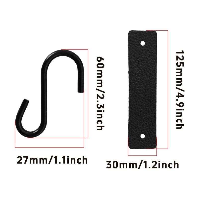 4Pcs Multifunctional S-Hooks with Leather Loop, Black Zinc Alloy S