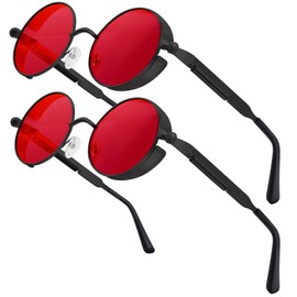 Chritice Pack of 2 Steampunk Glasses, Vintige Round Sunglasses, Men's Polarised Sunglasses, Retro Sunglasses, Women, Polarised, Round, UV400 Protection, Red, Grey, Blue Lenses, B Red+Red