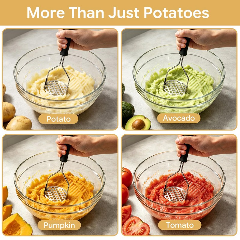 2PCS Stainless Steel Potato Masher with Ergonomic Handle for Mashed
