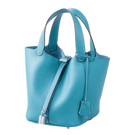 RENNES Genuine Leather Cube-Shaped Handbag, Small Size, With Lock, Crochet Pattered Strap, For Women, bule