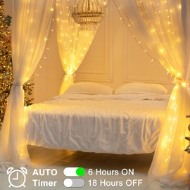 Paquete de 4 tiras de luces alimentadas con pilas, total de 90 pies, 280 luces LED con temporizador, 8 modos, cadena de luces centelleantes al aire última intervensión, impermeable, para ventana,