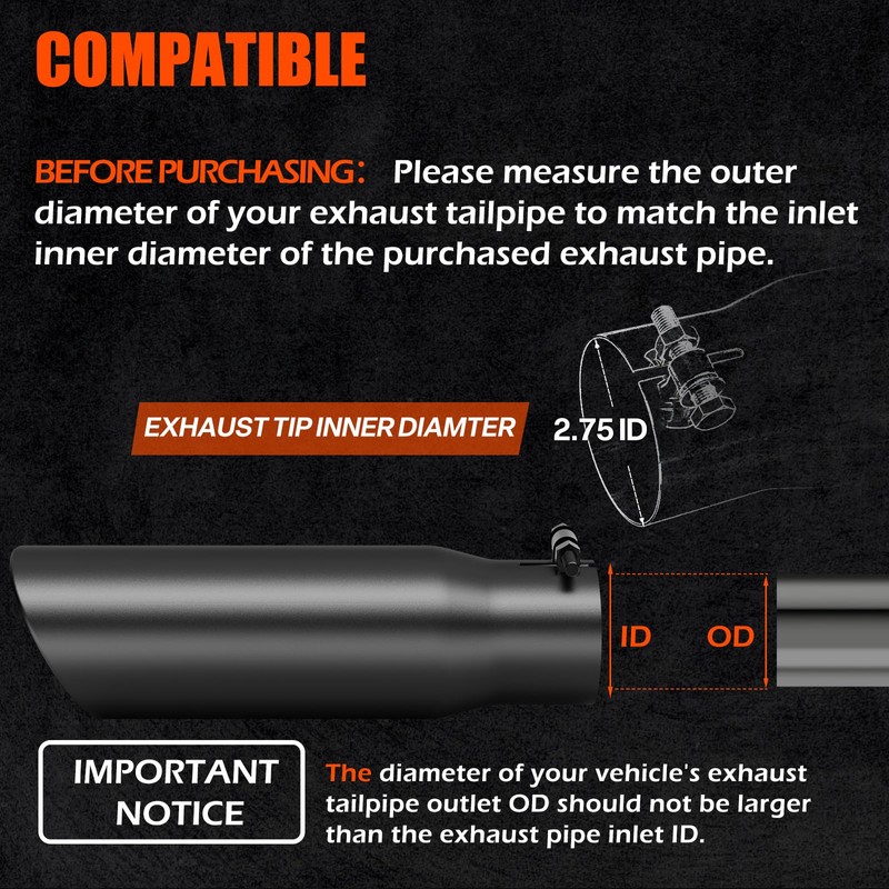 LCGP 2.75" Black Exhaust Tip,2.75" Inlet 3.5" Outlet 12" Stainless