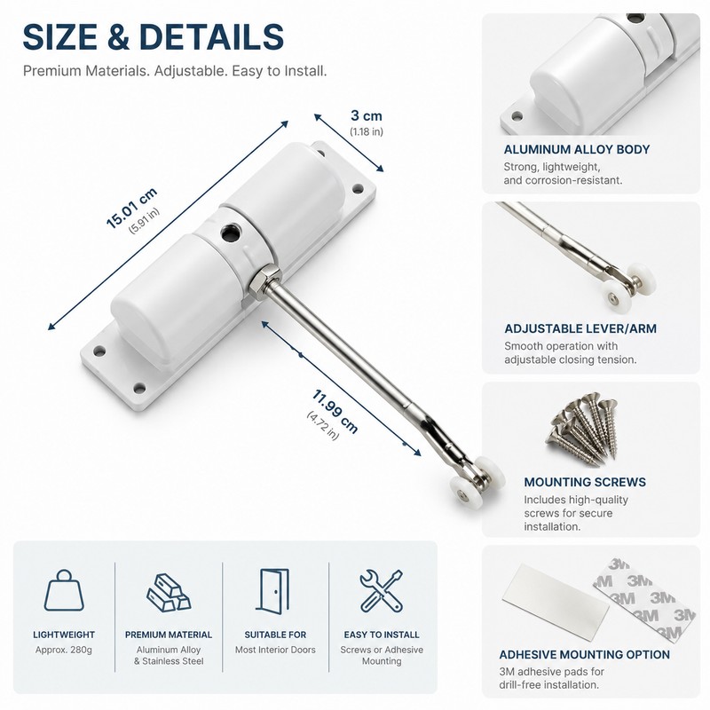 Automatic Door Closer for Interior & Exterior Doors – Adjustable