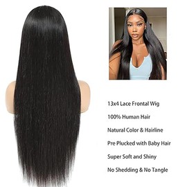 Shoaiye 13 x 4 Lace Front Real Hair Wig, Women's Straight Human Hair Wig, Wear and Go Glueless Remy Pre-Plucked Natural Hairline, 150% Density, Natural Black Colour, for Woman, 16 Inches