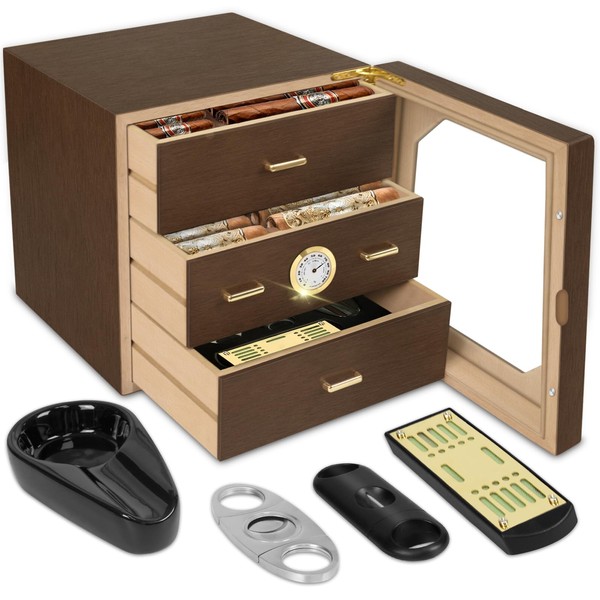 TRBIHCX Premium High-Capacity Cigar Humidor Cabinet | Walnut Finish, Precision Humidifier, Cedar Lining | Stores 150 Cigars | Cigar Accessories Included